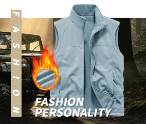 Detail view of men's fleece-lined outdoor vest, showcasing dual-sided wear and warm pockets.
