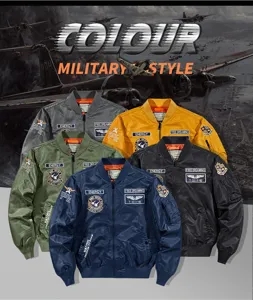 Men's casual military bomber jacket autumn loose stand collar embroidered outwear