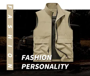 Men tactical vest detail showing stand collar, multi pockets and breathable mesh lining inside.