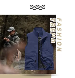 Men's spring autumn tactical fishing vest stand collar multi-pocket casual outerwear detail.