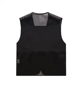 Back detail of black mesh tactical vest, breathable multi-pocket outdoor sleeveless waistcoat.