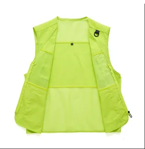 Neon green multi-pocket mesh vest for outdoor casual wear, breathable tactical top.