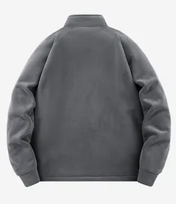 Men's thick polar fleece jacket back detail view, winter casual stand collar warm coat.