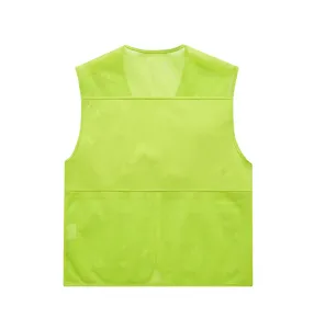 Neon green breathable mesh detail view of tactical workwear vest for outdoor activities.