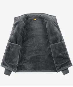 Detailed view of the dark grey fleece jacket inner lining, thick warm plush winter coat.
