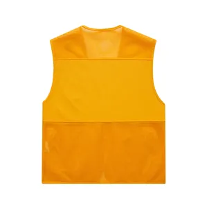 Back detail view of orange mesh utility vest, breathable outdoor workwear waistcoat.
