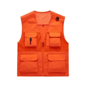 Orange multi-pocket tactical vest breathable mesh outdoor work waistcoat with zipper