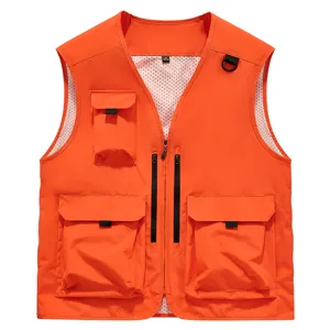 Men's orange multi-pocket tactical work vest for fishing, photography and outdoor use.