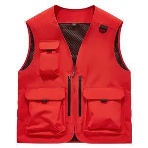 Men red multi-pocket cargo vest for fishing photography outdoor workwear casual apparel top