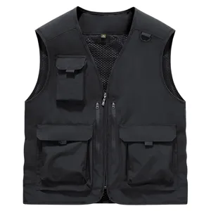 Men's black multi-pocket utility vest casual tactical cargo waistcoat for fishing photo