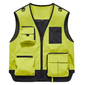 Neon green multi-pocket tactical work vest for outdoor photography and construction.