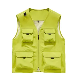 Men's outdoor utility fishing vest with multi pockets sleeveless bright green jacket
