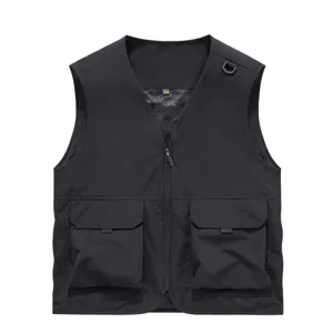Men's Multi Pocket Outdoor Photography Fishing Workwear Vest Casual Loose Zipper V Neck Sleeveless Polyester Top