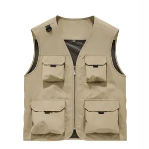 Men's casual outdoor cargo vest with multi-pocket fishing sleeveless jacket in khaki.