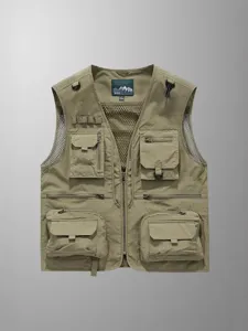 Men's outdoor multi-pocket cargo vest with breathable mesh lining for fishing and photography.