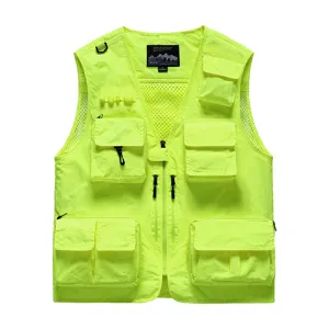 Neon yellow multi-pocket tactical vest, breathable mesh outdoor work vest for men.