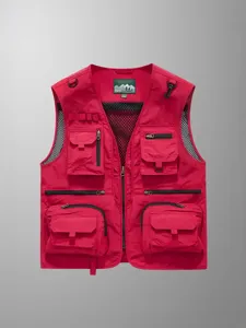 Red mesh quick-dry outdoor vest, multi-pocket fishing photography workwear for men.