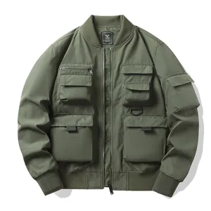Men American Retro Bomber Jacket Multi-Pocket Cargo Outerwear Stand Collar Zipper Casual Windbreaker Jacket