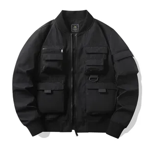 Men's black multi-pocket tactical bomber jacket, vintage cargo outerwear style for men.