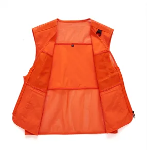 Detailed view of the orange mesh tactical vest, showing interior pockets and breathable fabric.