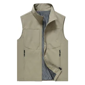 Men's Casual Utility Vest Multi-Pocket Stand Collar Sleeveless Jacket Spring Khaki