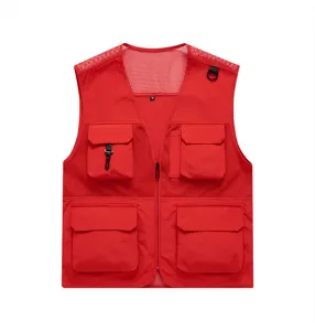 Red multi-pocket tactical work vest breathable mesh outdoor casual waistcoat detail view.