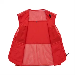 Red mesh tactical utility vest, breathable multi-pocket outdoor casual sleeveless gilet.