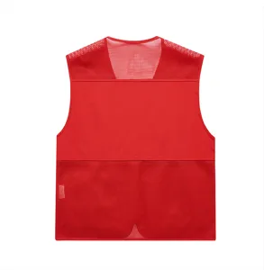 Red mesh work vest back view, breathable multi-pocket tactical outdoor leisure waistcoat.