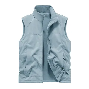 Men's Winter Fleece Lined Reversible Vest Casual Multi Pocket Stand Collar Zipper Warm Outdoor Outerwear