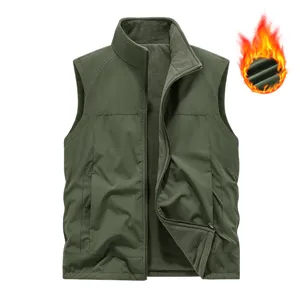 Men's winter fleece-lined thermal vest stand collar multi-pocket tactical jacket outdoor