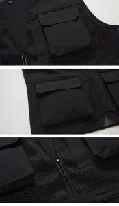 Detail shot of black multi-pocket utility mesh vest, breathable outdoor waistcoat, casual wear.