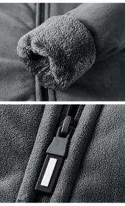 Men polar fleece jacket detail closeup showing cozy cuff and durable zipper design