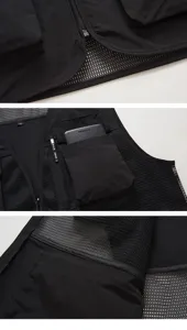 Close-up details of black multi-pocket work vest, breathable mesh and durable fabric design.
