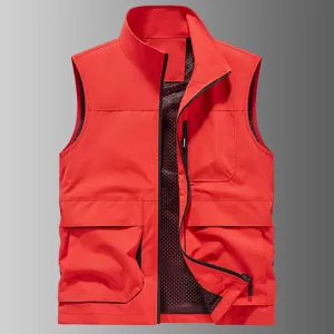 Men's Red Stand-Up Collar Multi-Pocket Casual Vest Outdoor Sports Outerwear Front View