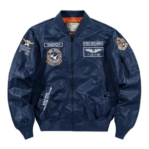 Men's navy blue embroidered bomber jacket, casual stand collar spring flight jacket outerwear.