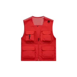 Red multi-pocket tactical work vest breathable mesh outdoor casual waistcoat flat lay