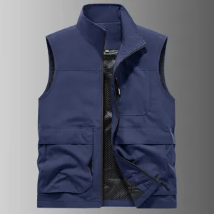 Men's casual stand collar multi-pocket vest spring autumn outdoor photography jacket gilet.