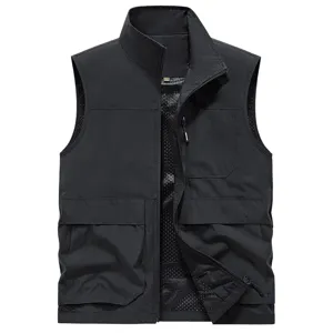 Men's casual stand collar multi-pocket tactical vest outdoor photography jacket black