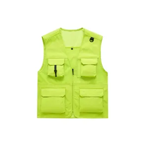 Neon green multi-pocket work vest, breathable mesh tactical waistcoat for outdoor casual wear.