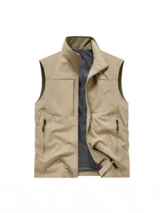 Men's casual quick-drying stand collar multi-pocket vest outdoor sportswear khaki jacket.