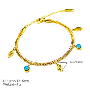 Bracciale a doppio strato in acciaio inossidabile dorato con occhio malvagio e foglie