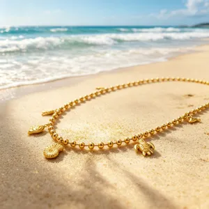 Gold-tone beaded necklace featuring ocean beach charms like turtles, shells, and fish.