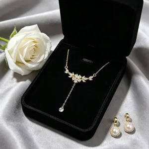 Collar con Borlas en Forma de Y de Vid de Flor de Cerezo de Acero Inoxidable 304 con Diamantes de Imitación Juego de Pendientes Chapados en Oro Joyas para Mujer