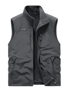 Men's fleece-lined thermal vest with multiple pockets and stand collar for winter outdoor wear.