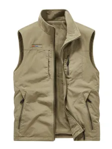 Men's fleece lined tactical vest multi-pocket winter warm sleeveless outdoor jacket khaki