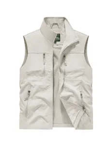 Men's Casual Multi-Pocket Tactical Vest Outdoor Fishing Workwear Sleeveless Outerwear Stand Collar Zipper Jacket