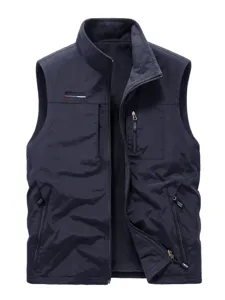 Men's fleece-lined thermal vest with multiple pockets and stand collar winter wear