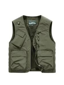 Men's Multi-Pocket Cargo Vest Outdoor Photography Waistcoat Military Green Size Large