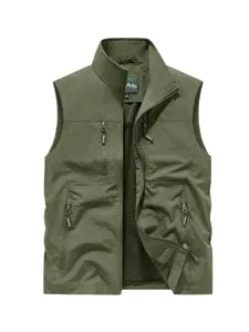 Men's tactical outdoor utility vest with multiple pockets and breathable mesh lining.