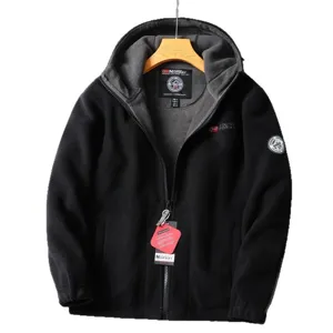 Men winter thick warm fleece hooded jacket black outdoor casual outerwear full zip coat S